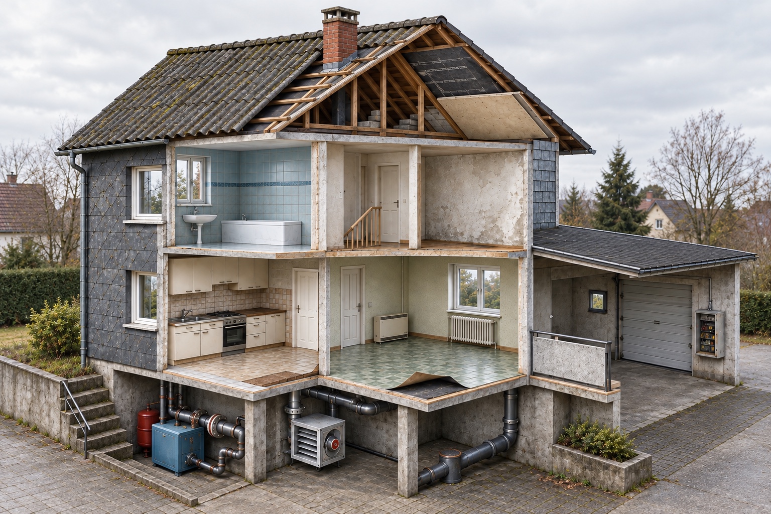 Fotorealistische Aufnahme eines älteren Hauses im Schnitt mit Dach, Wohnräumen, Garage und Keller